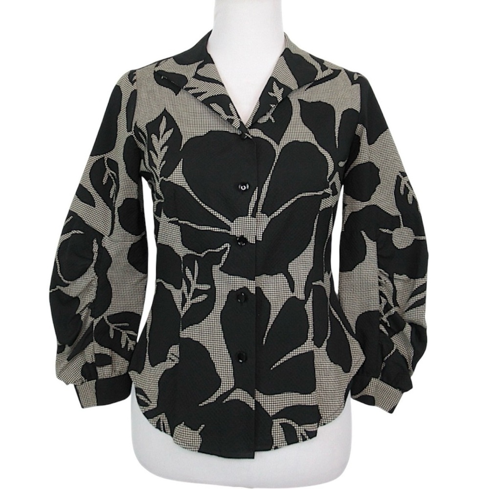 CARLISLE Black White Floral Printed Button Front Blouse Women's Size 2
